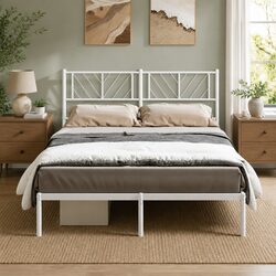 White Metal Bed Frame with Headboard 135x190 cm