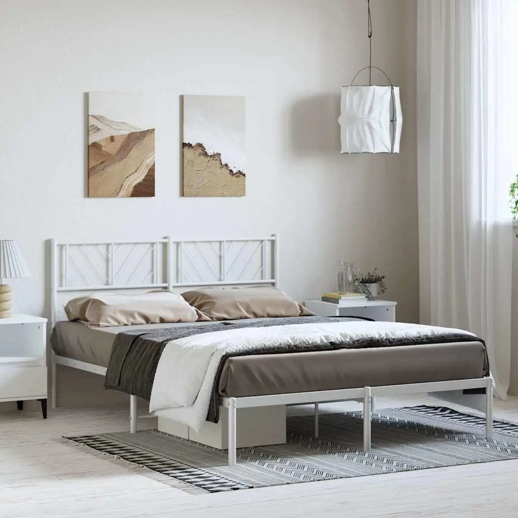Metal Bed Frame with Headboard White 150x200 cm Bedroom Furniture Steel Slats