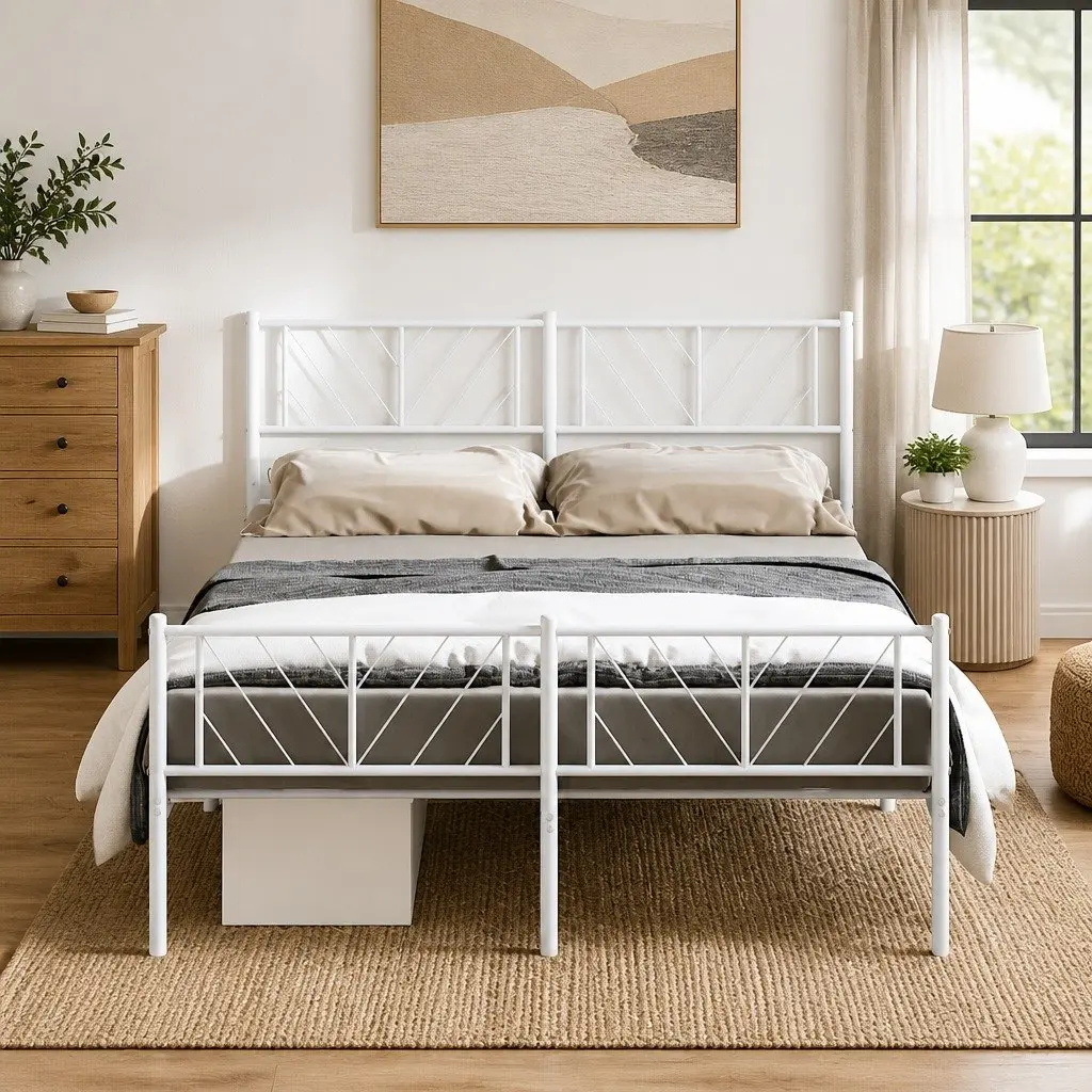 Metal Bed Frame 150x200 cm with Footboard Headboard White Bedroom Furniture