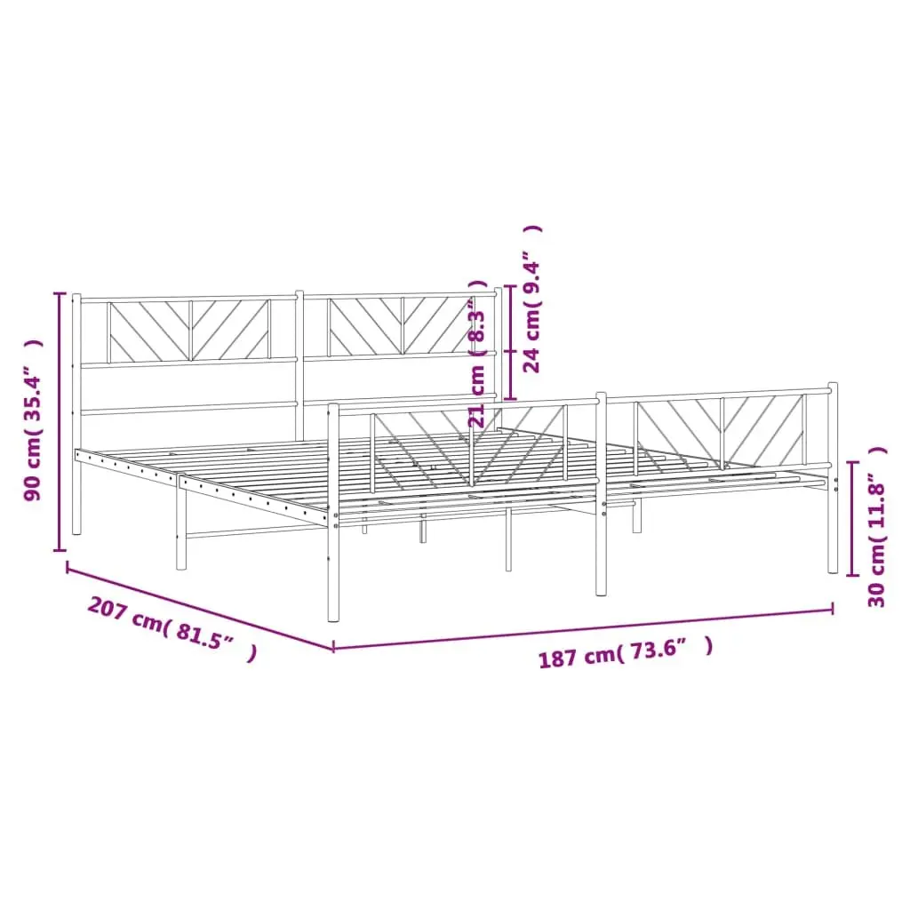 Metal Bed Frame White 183x203cm Powder-coated Steel with Footboard Slatted Base