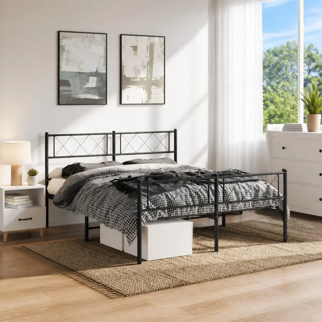 Black Metal Bed Frame 135x190cm with Footboard