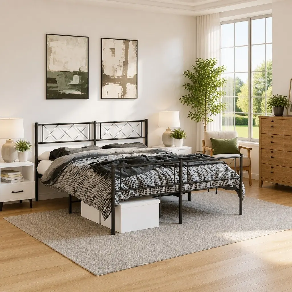 Metal Bed Frame with Footboard Black Bedroom Furniture Slatted Base 150x200cm