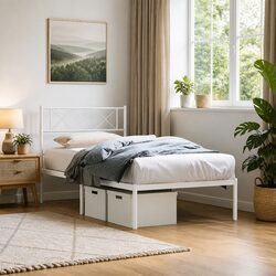 King Single Metal Bed Frame with Headboard - White 107x203cm