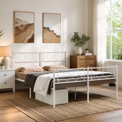 White Metal Bed Frame 150x200 cm with Footboard and Headboard