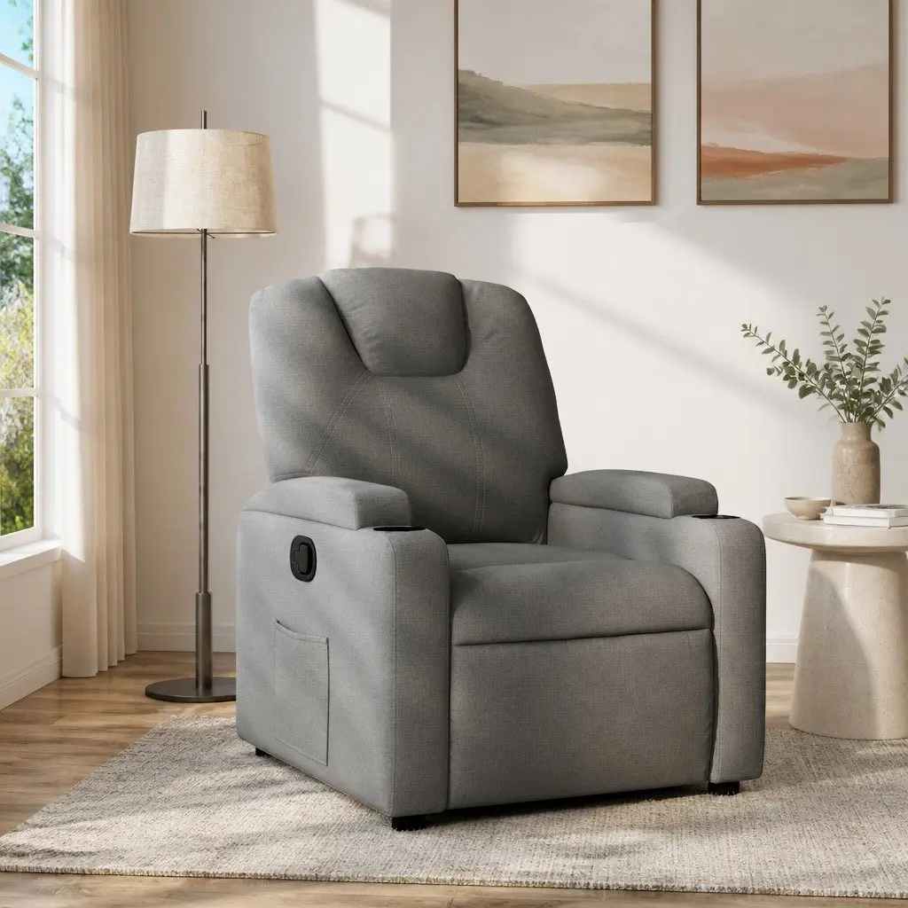 Grey Fabric Recliner Chair with Cup Holders