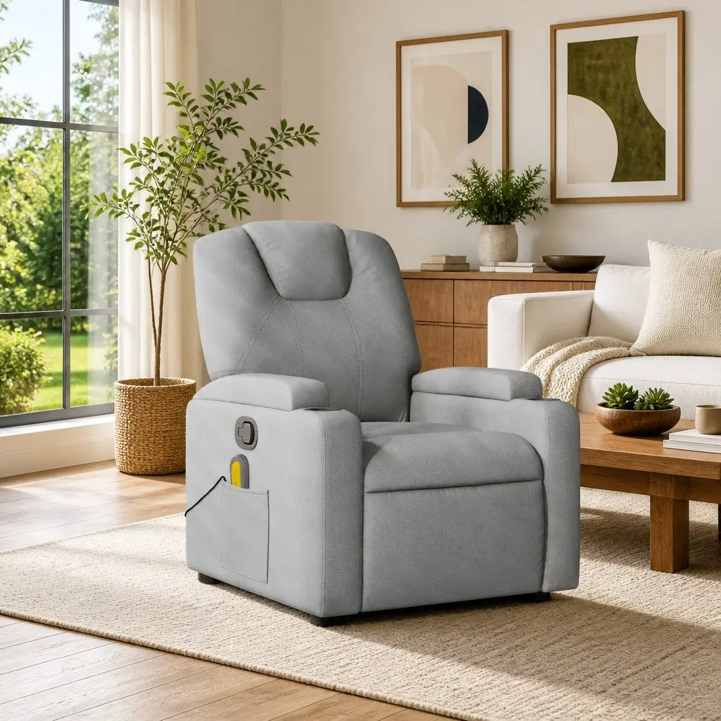 Massage Recliner Armchair Grey Fabric Manual Recline Vibration 6 Points