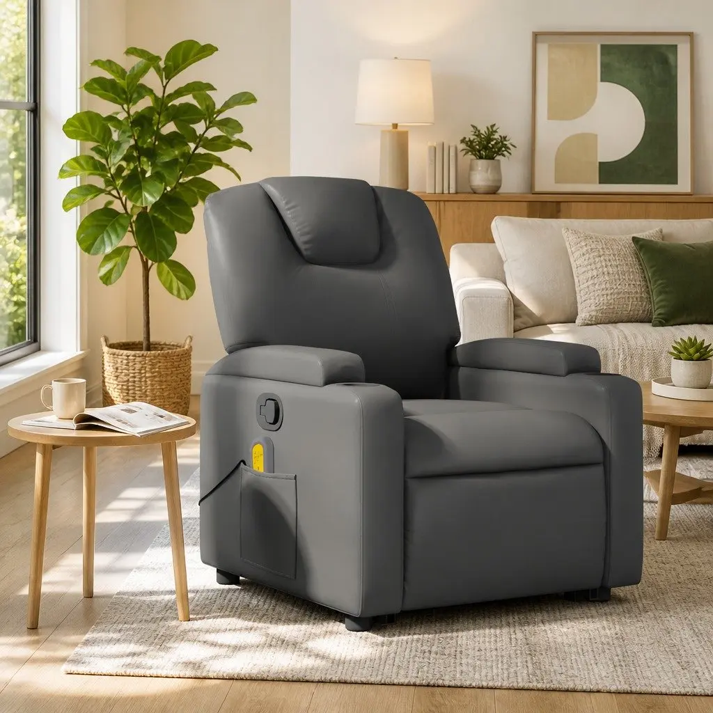 Massage Recliner Chair Grey Faux Leather Manual Reclining Armchair 135 Degrees 6 Massage Points