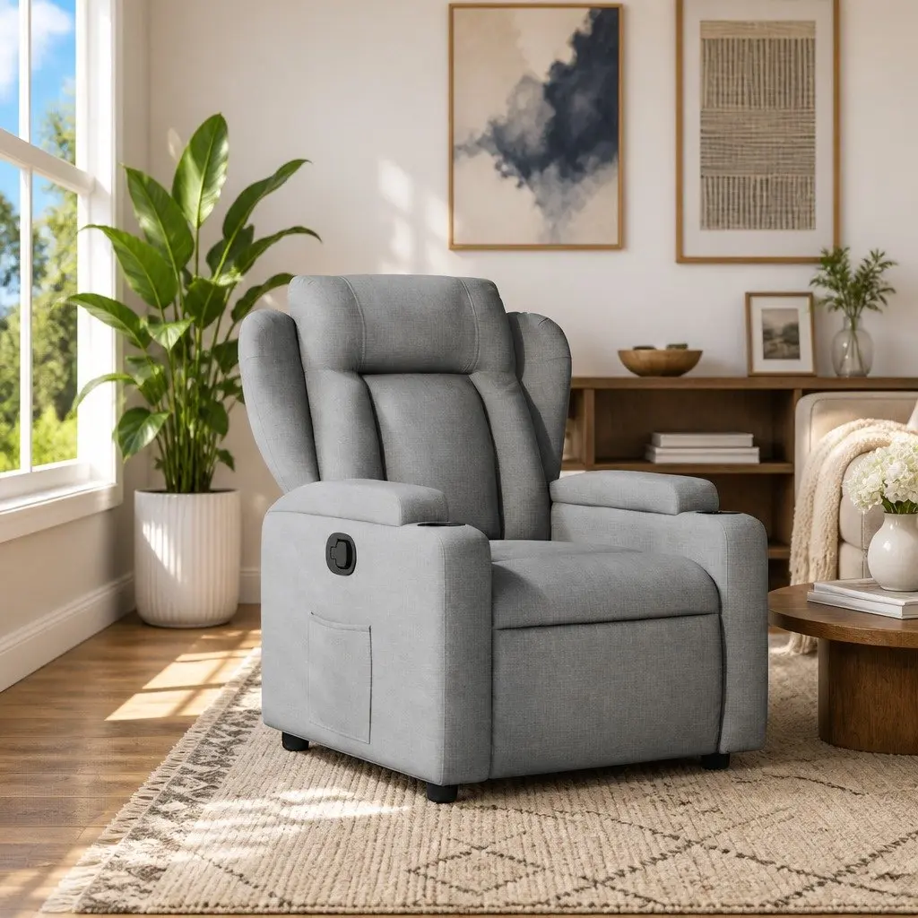 Recliner Chair Manual Reclining Armchair Grey Fabric Upholstery