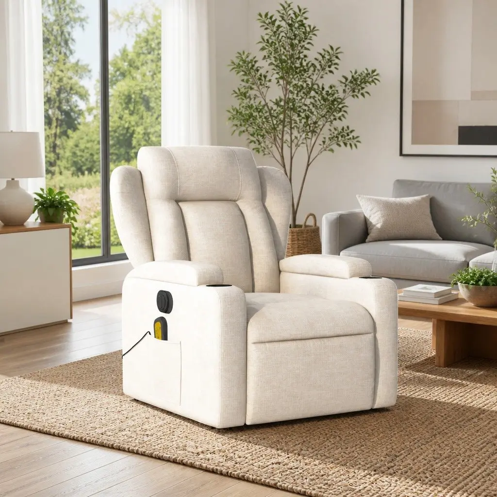 Massage Recliner Chair Cream Fabric Manual Reclining Armchair with Vibration 135 Degree Tilt