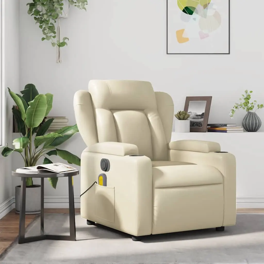 Massage Recliner Chair Cream Faux Leather Manual Recline Armchair Vibration