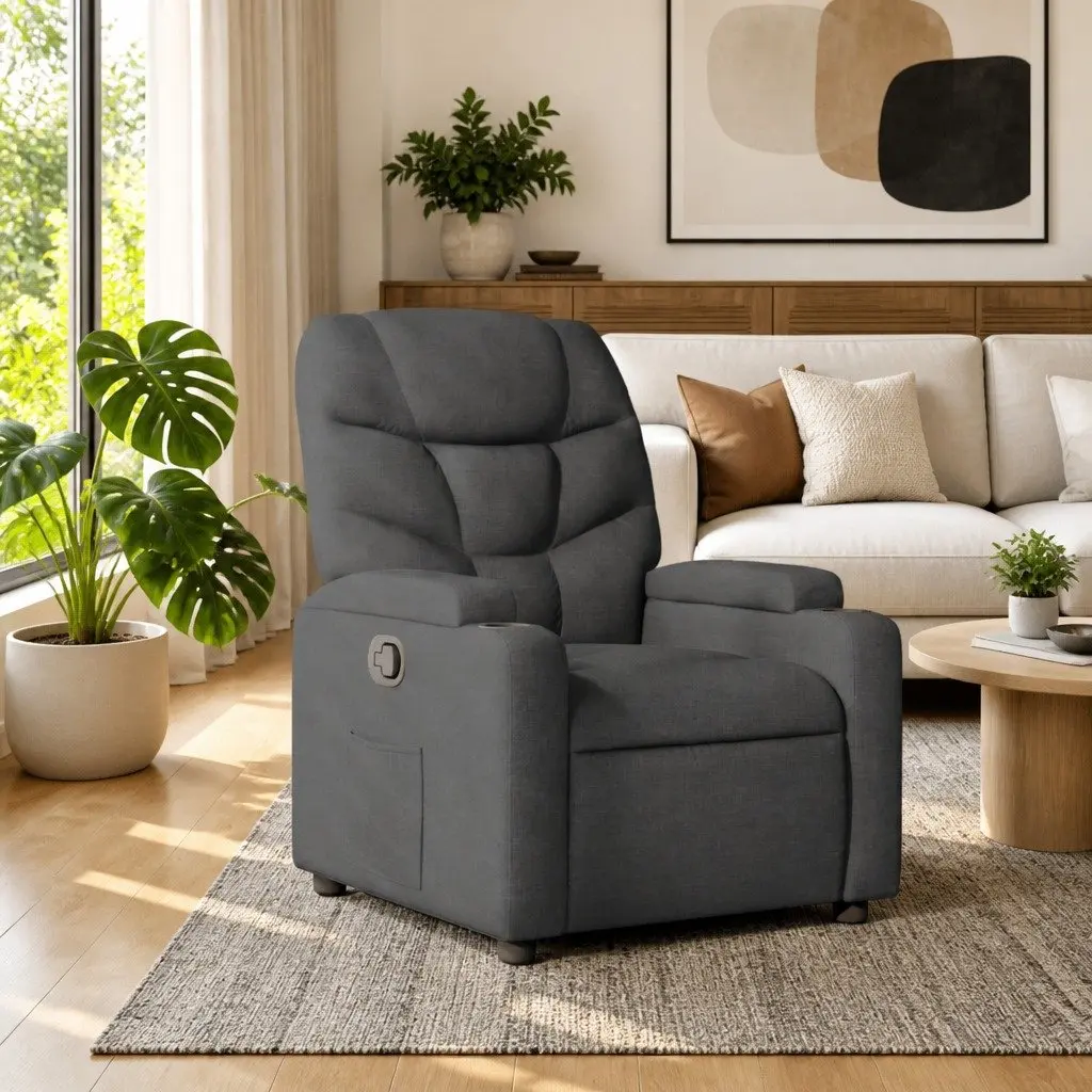 Recliner Chair Manual Recline Armchair Grey Padded Seat Durable Fabric