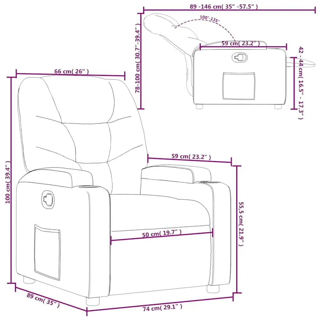 Recliner Armchair Manual Recline Black Fabric Lounge Chair with Cup Holders