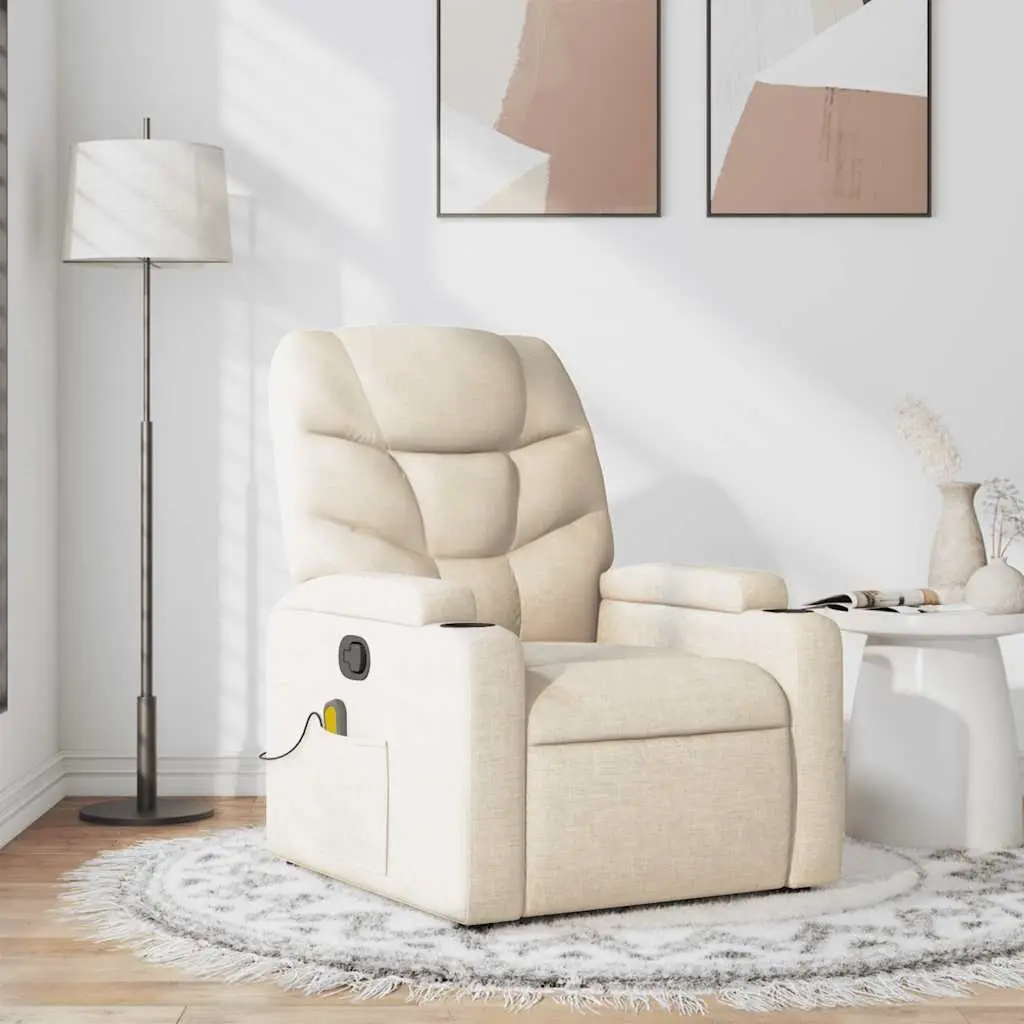 Recliner Chair Manual Vibration Massage Cream Fabric Adjustable Backrest Armchair 6 Massage Points