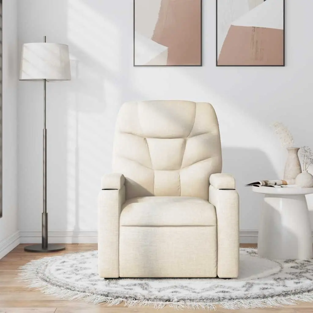 Recliner Chair Manual Vibration Massage Cream Fabric Adjustable Backrest Armchair 6 Massage Points