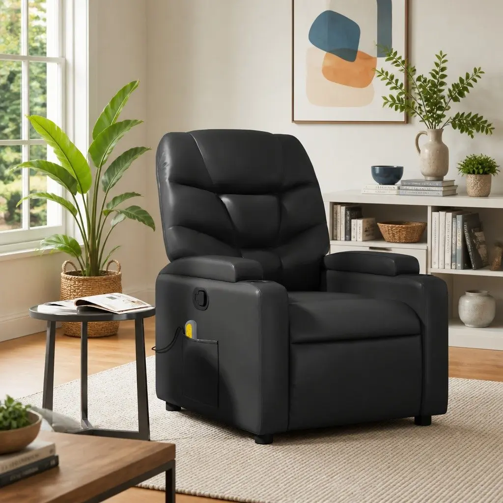 Massage Recliner Chair Black Faux Leather Manual Recline 6 Point Vibration