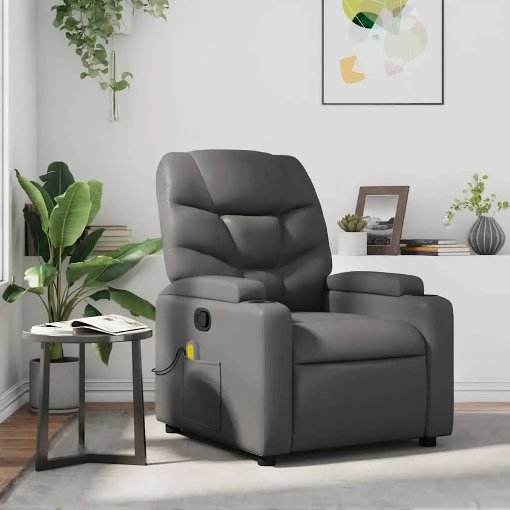 Massage Recliner Chair Manual Recline Grey Faux Leather Armchair with Cup Holders