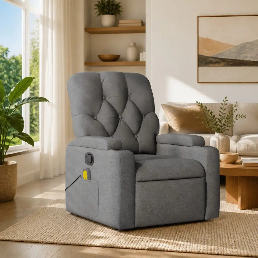 Massage Recliner Chair Grey Fabric Manual Recline Vibration Armchair