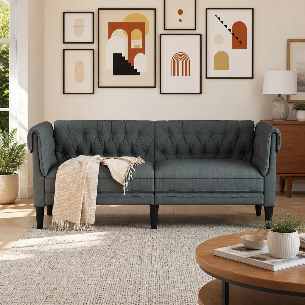 Chesterfield Sofa Grey Fabric 2-Seater Rolled Arms Deep Backrest