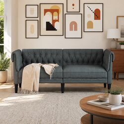 Grey Fabric 2-Seater Chesterfield Sofa with Rolled Arms