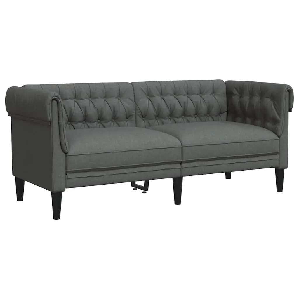 Chesterfield Sofa Grey Fabric 2-Seater Rolled Arms Deep Backrest