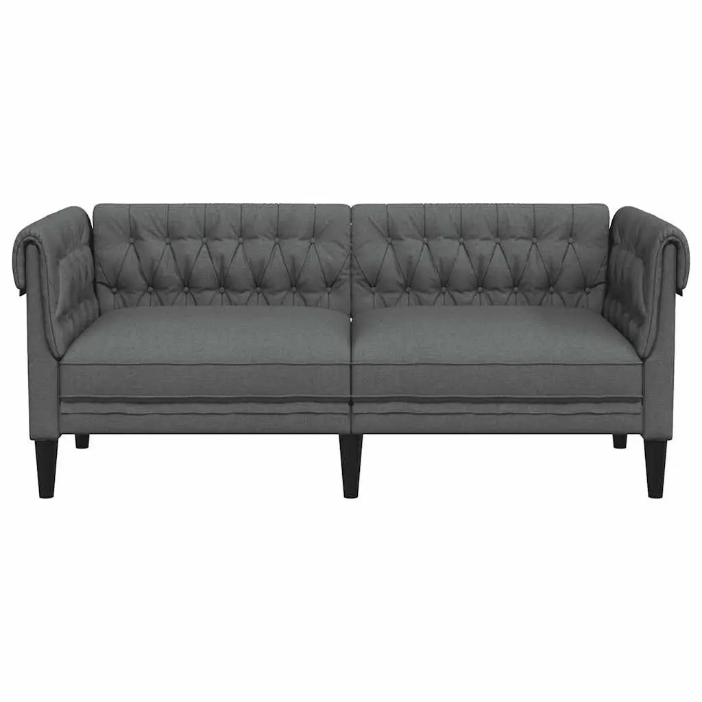 Chesterfield Sofa Grey Fabric 2-Seater Rolled Arms Deep Backrest