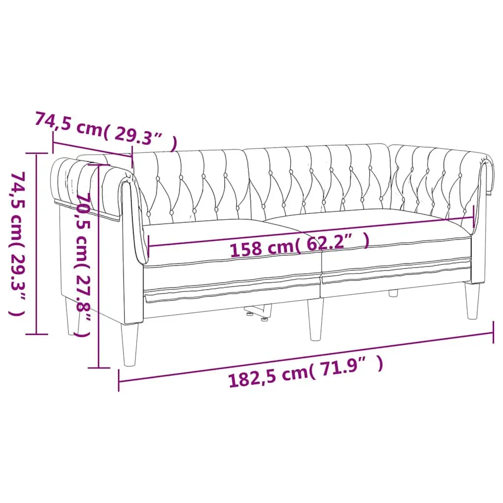 Chesterfield Sofa Grey Fabric 2-Seater Rolled Arms Deep Backrest