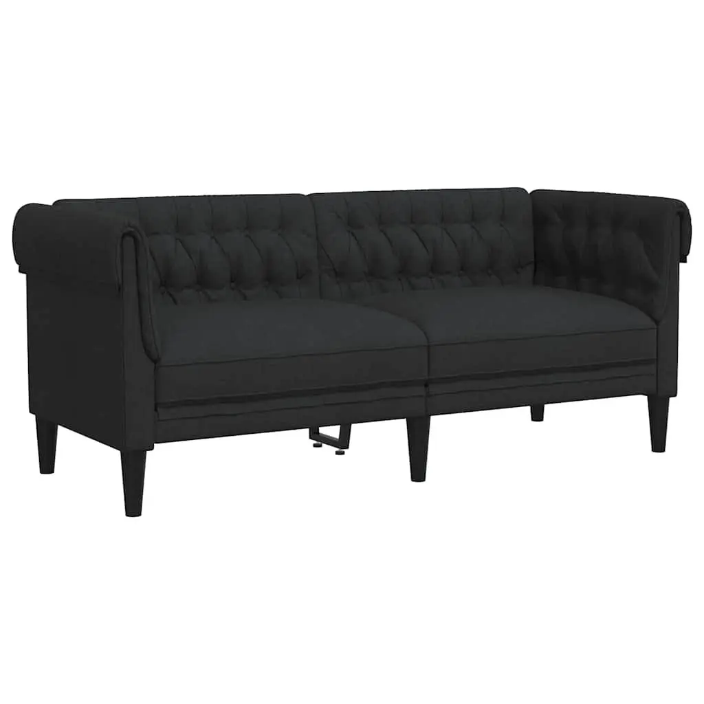 Chesterfield Sofa Black Fabric 2-Seater Classic Rolled Arm