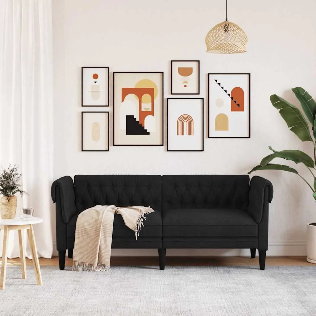 Chesterfield Sofa Black Fabric 2-Seater Classic Rolled Arm