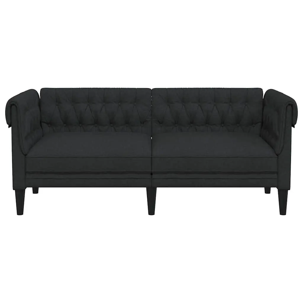 Chesterfield Sofa Black Fabric 2-Seater Classic Rolled Arm