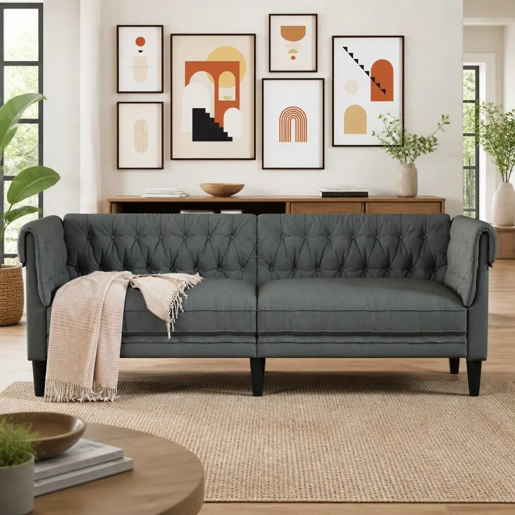 Grey Fabric Chesterfield Sofa 3-Seater Rolled Arm Living Room Couch