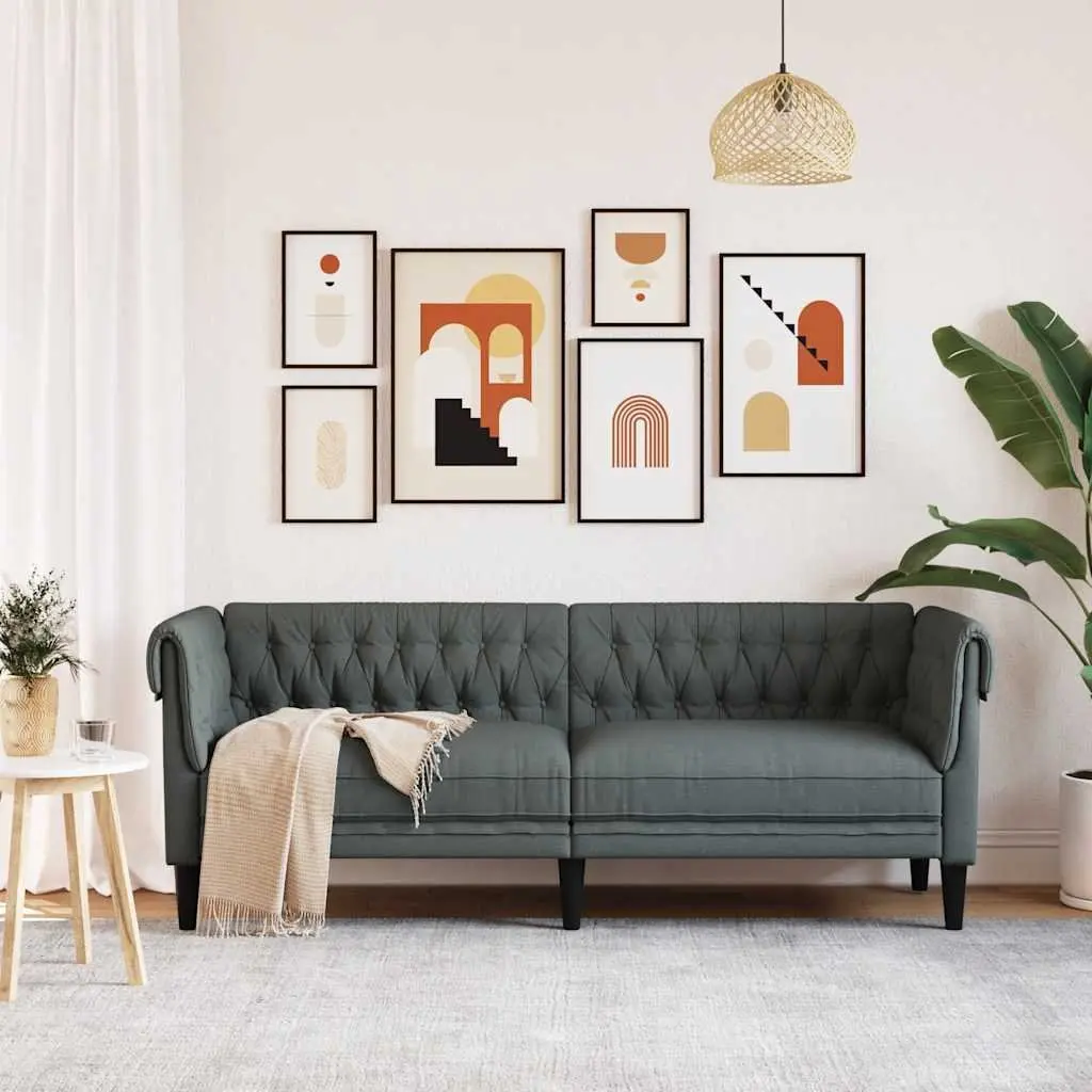 Grey Fabric Chesterfield Sofa 3-Seater Rolled Arm Living Room Couch