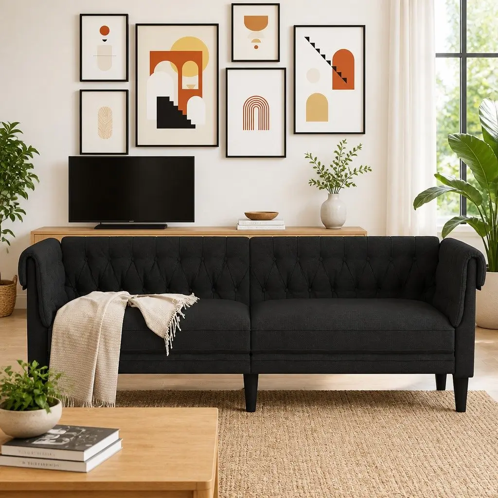 Chesterfield Sofa Black Fabric 3 Seater Rolled Arm Deep Backrest