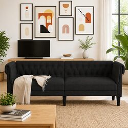 Black Fabric 3-Seater Chesterfield Sofa with Rolled Arms