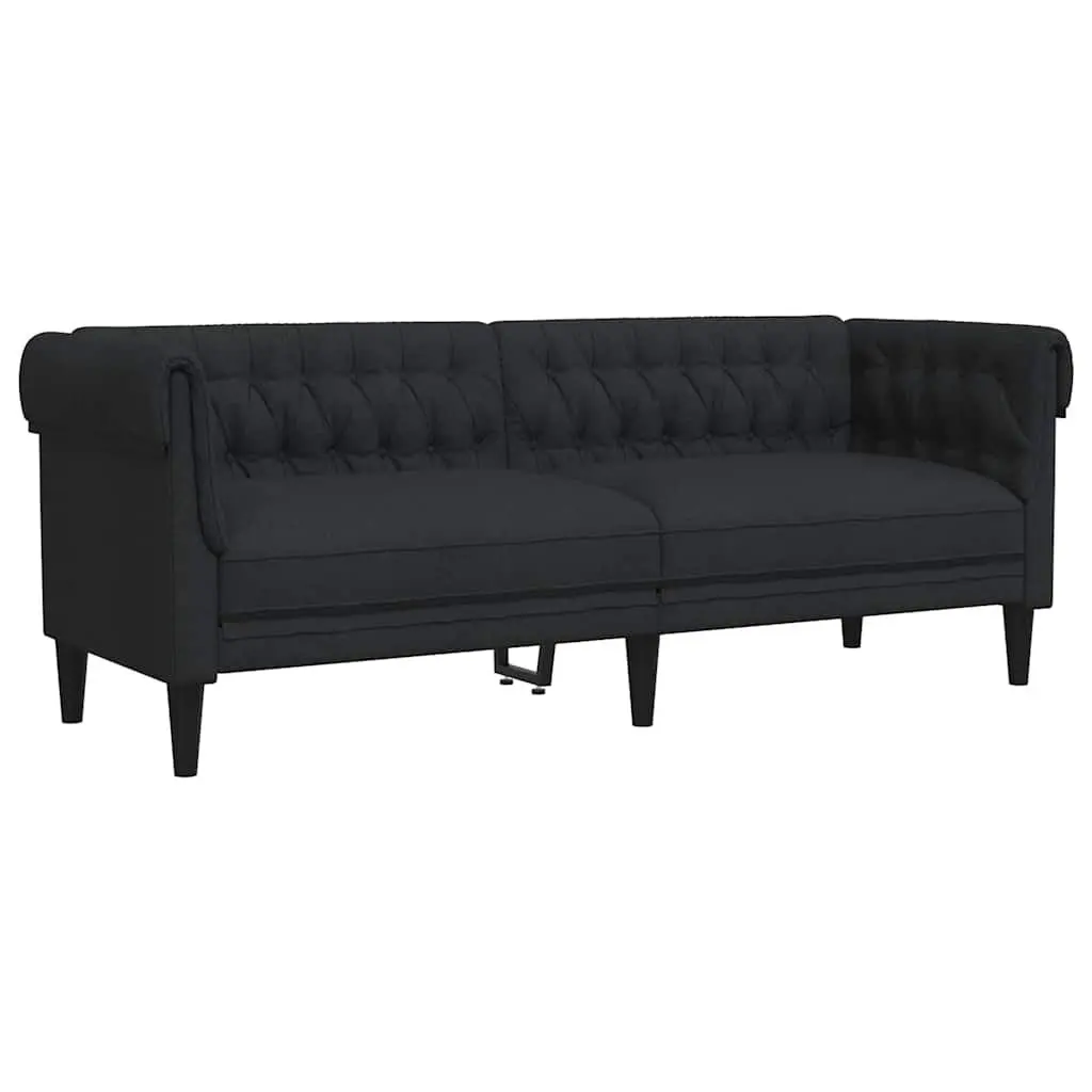 Chesterfield Sofa Black Fabric 3 Seater Rolled Arm Deep Backrest