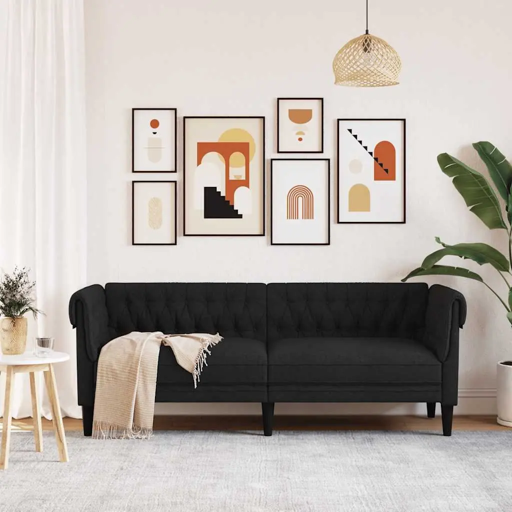 Chesterfield Sofa Black Fabric 3 Seater Rolled Arm Deep Backrest