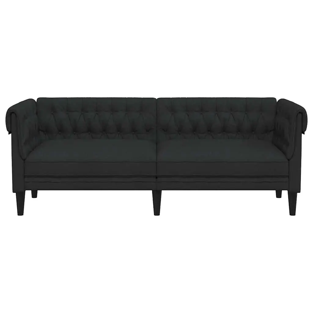 Chesterfield Sofa Black Fabric 3 Seater Rolled Arm Deep Backrest