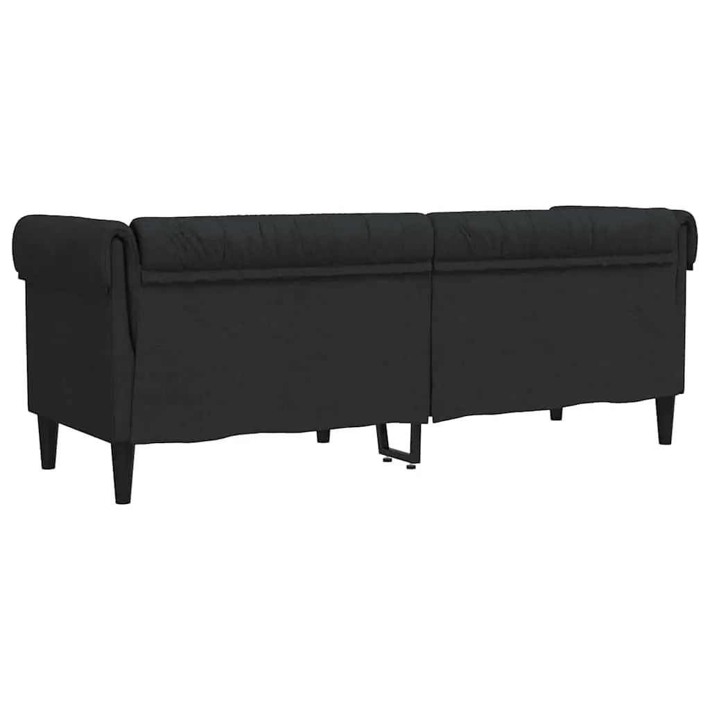 Chesterfield Sofa Black Fabric 3 Seater Rolled Arm Deep Backrest