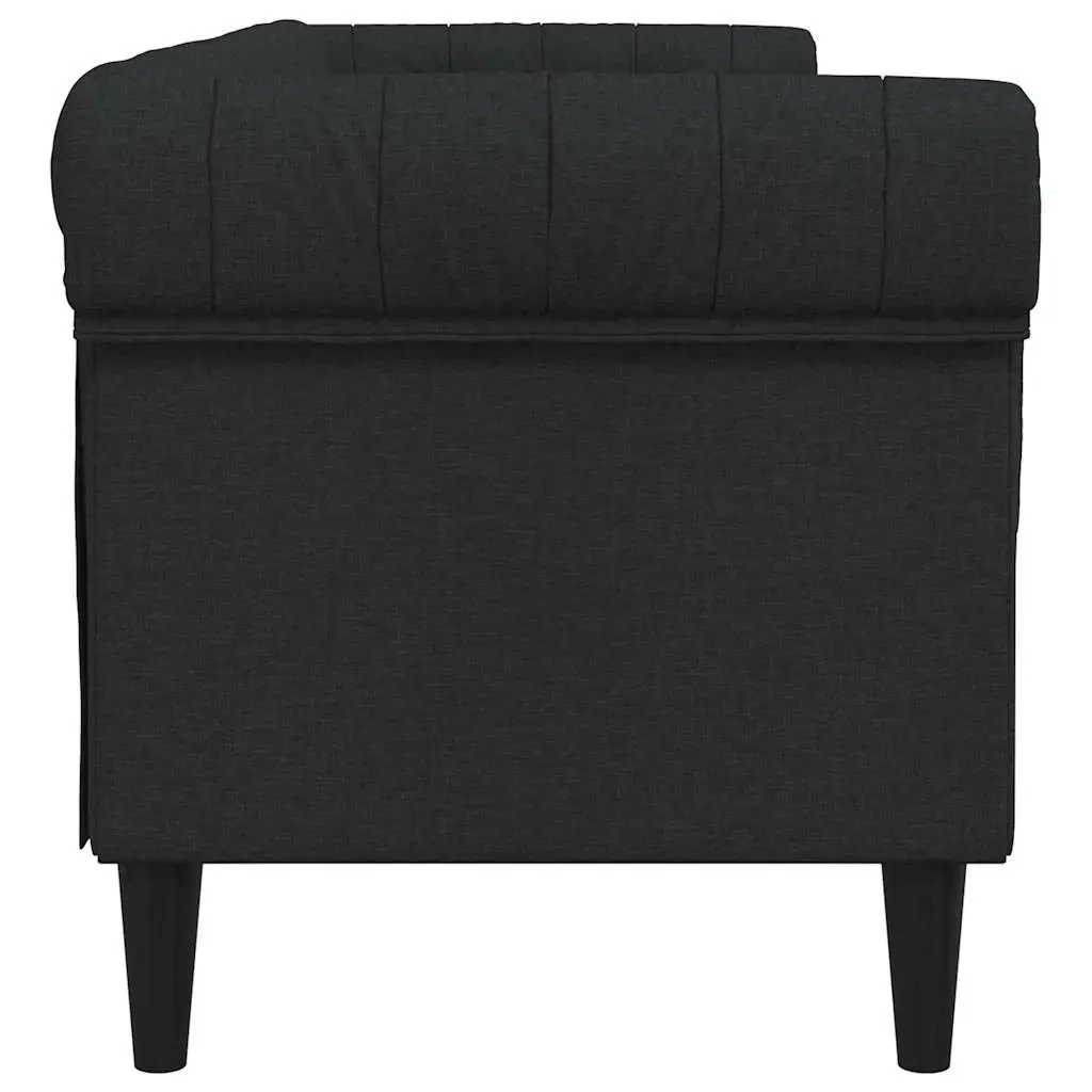 Chesterfield Sofa Black Fabric 3 Seater Rolled Arm Deep Backrest