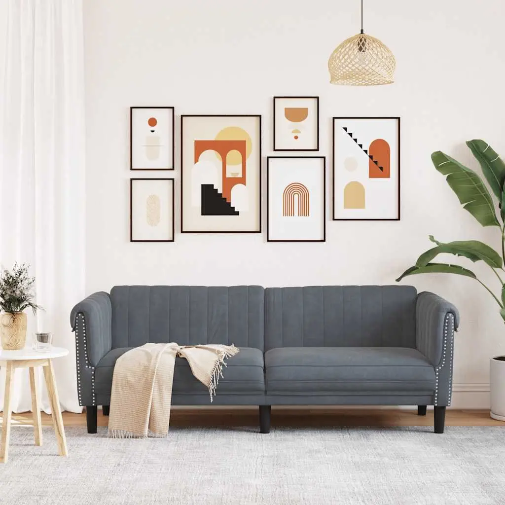 Grey Velvet Upholstered 3-Seater Sofa Modern Living Room Couch Padded