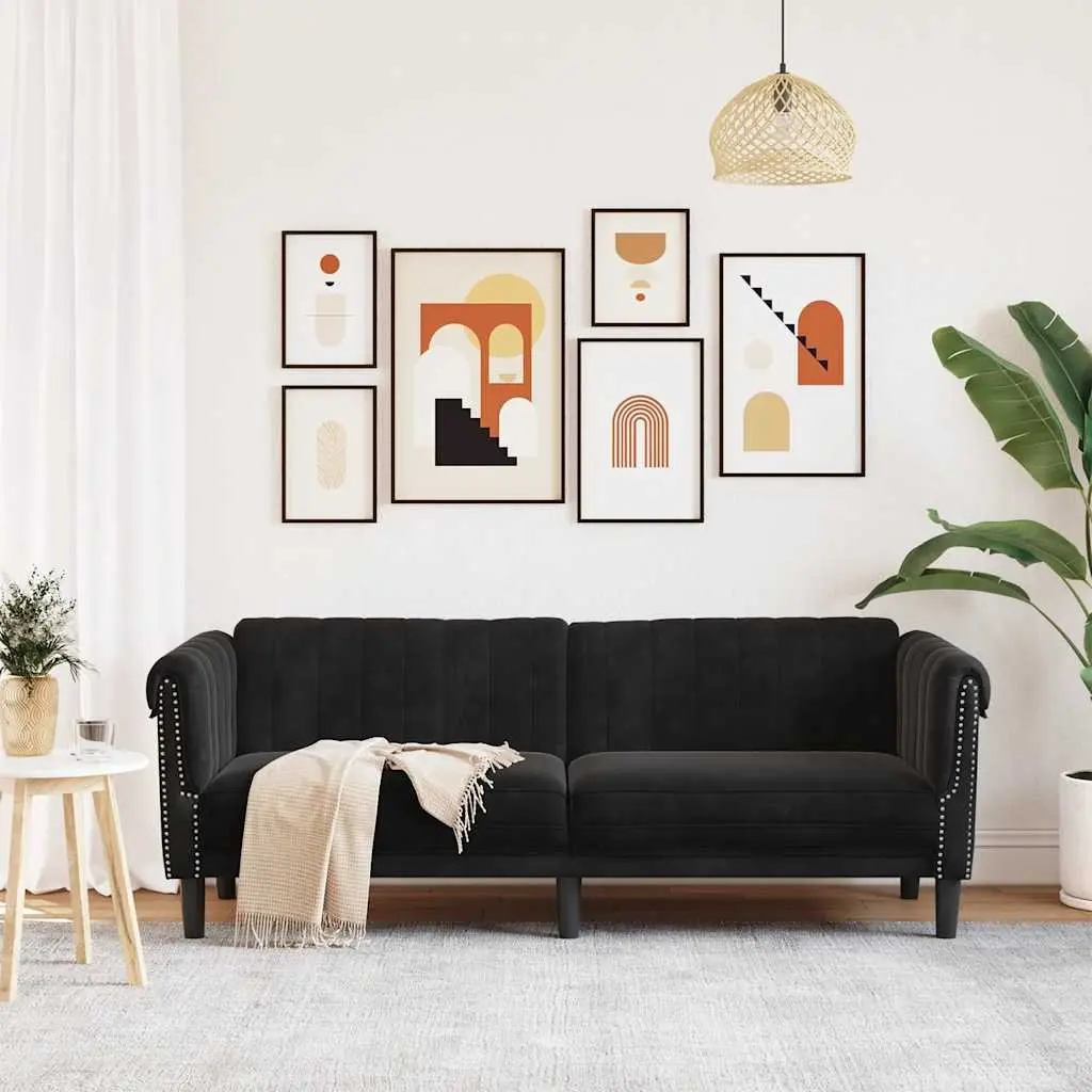 3SeaterSofaComfortablePaddedSeatVelvetBlackModernDesign