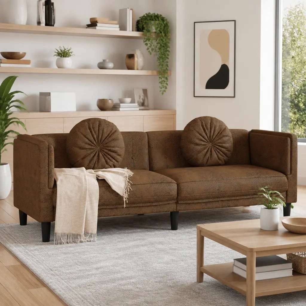 Brown Faux Suede Leather 3-Seater Sofa Living Room Couch with Padded Backrest and Armrests