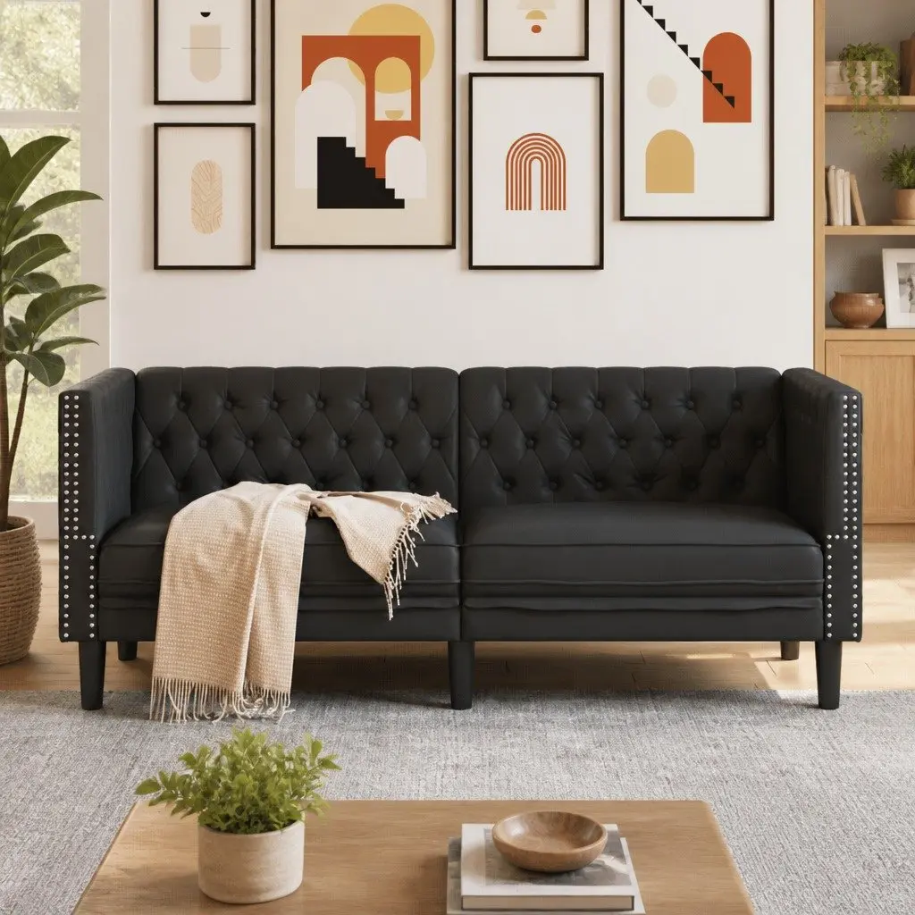 Chesterfield Sofa Faux Leather Button Tufted Black 2-Seater Living Room
