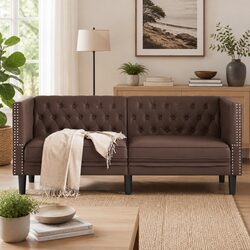 Brown Faux Leather 2-Seater Chesterfield Sofa
