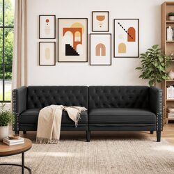 Comfortable 3-Seater Chesterfield Sofa in Black Faux Leather