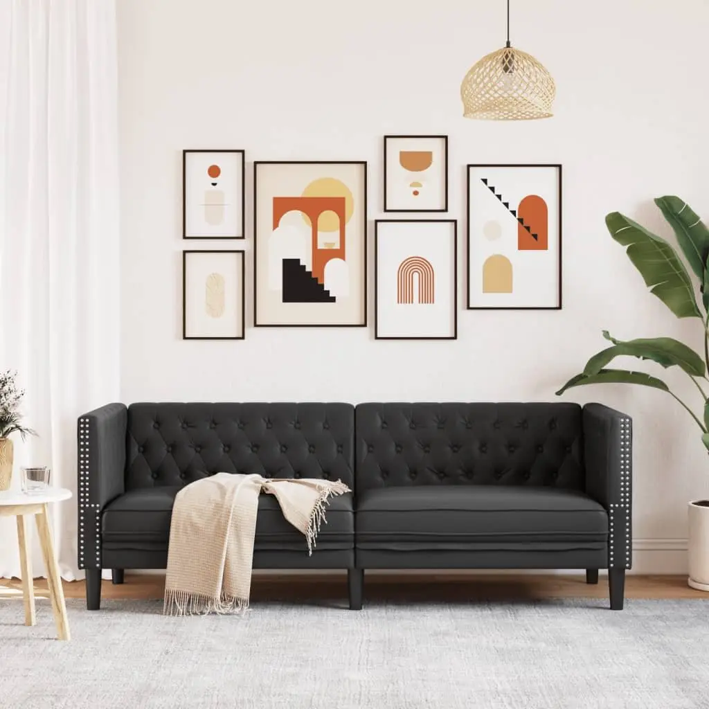 Black Faux Leather Chesterfield Sofa 3-Seater Button Tufted Living Room