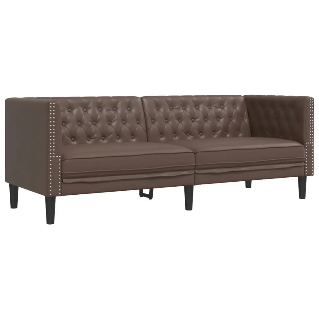 Chesterfield Sofa Brown Faux Leather 3 Seater Button Tufted Upholstered Couch