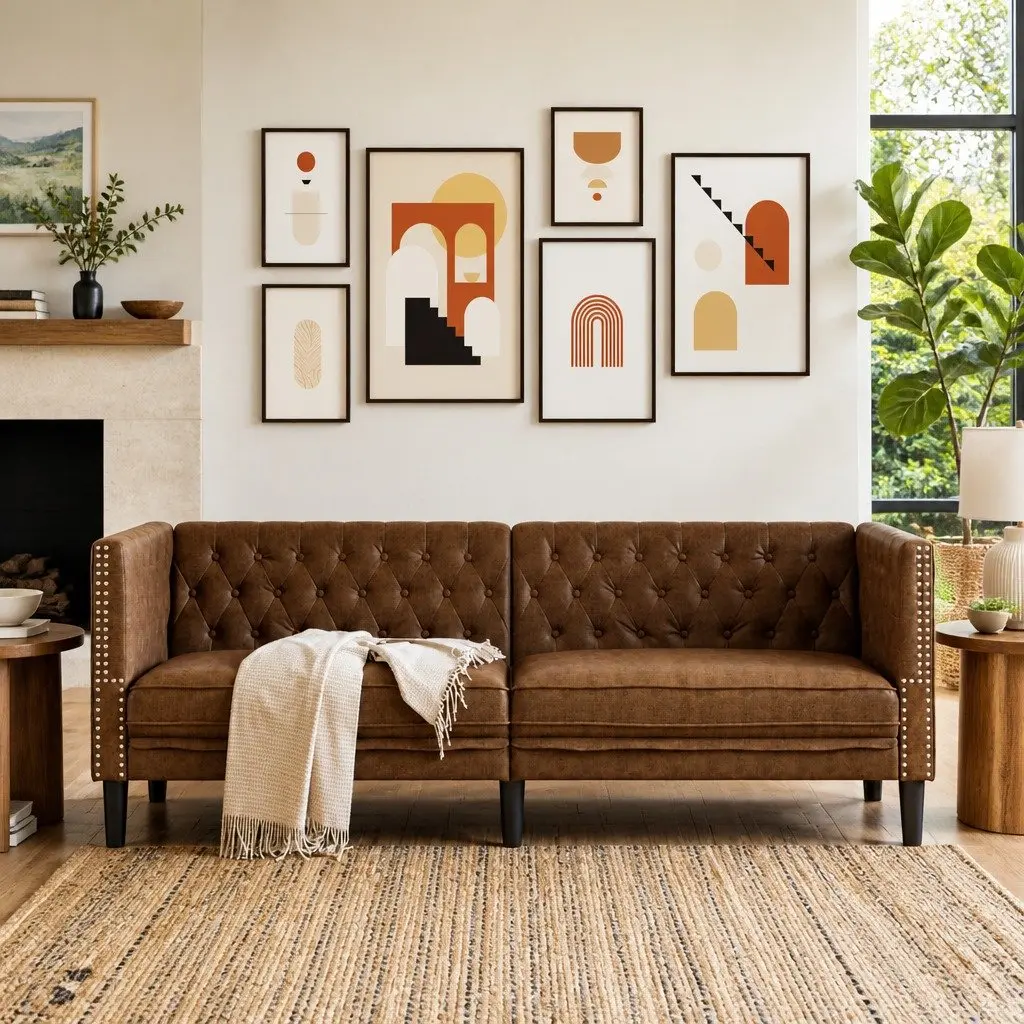 3-Seater Faux Suede Chesterfield Sofa Brown Button Tufted Living Room Furniture