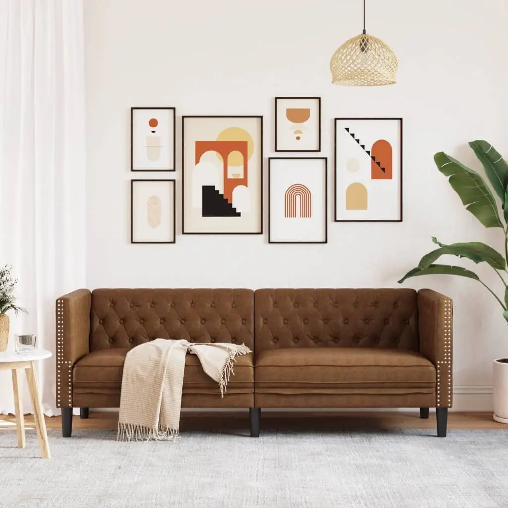 3-Seater Faux Suede Chesterfield Sofa Brown Button Tufted Living Room Furniture