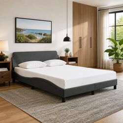 Grey Fabric Double Bed Frame with Headboard 137x190 cm
