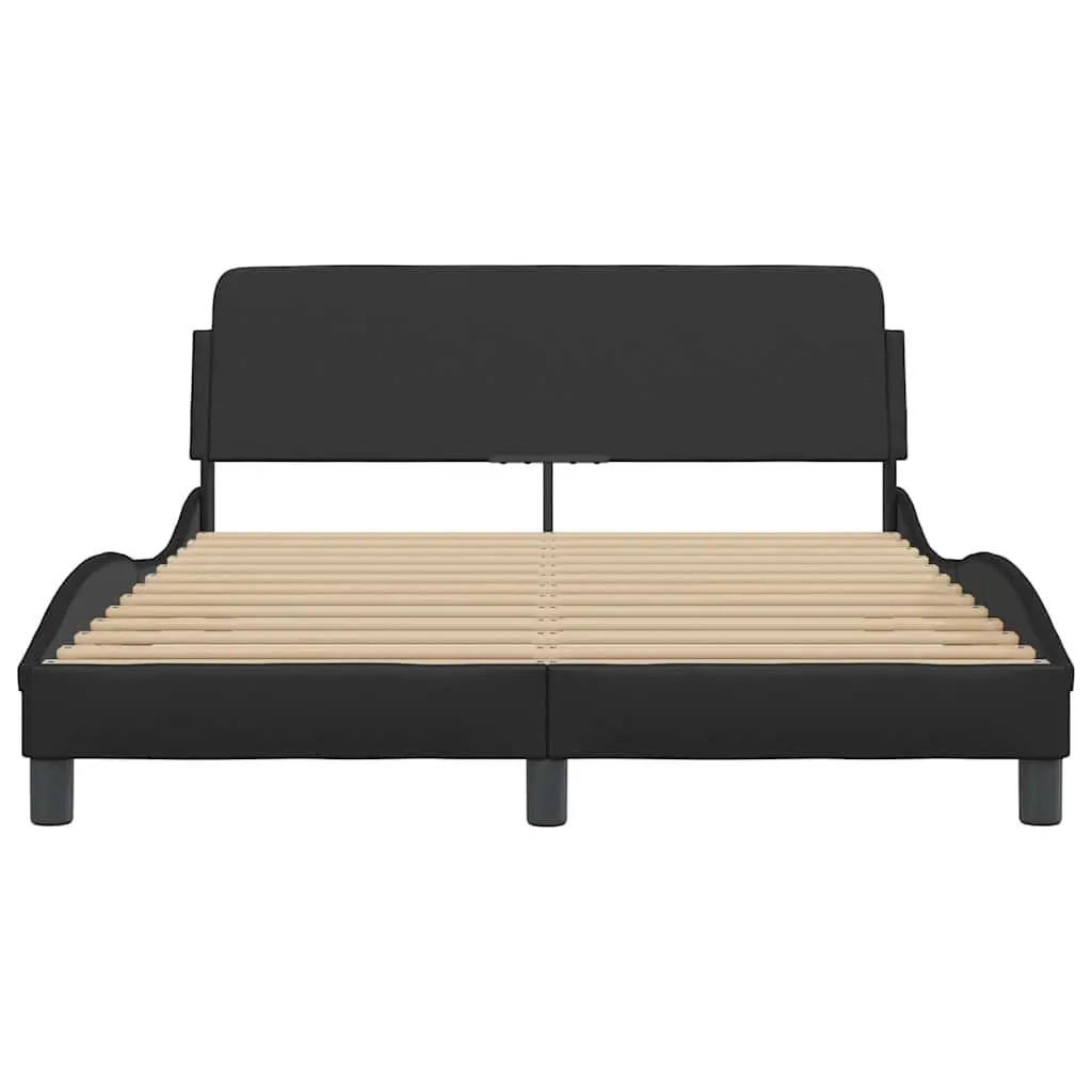 Double Bed Frame Black Faux Leather Padded Headboard 137 x 190 cm Plywood Slats